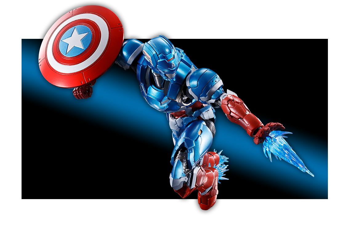 Repulsor effect on both arms and legs propelling Cap through the air.